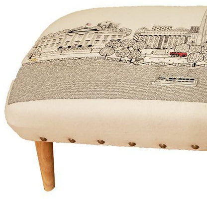 38" Cream Wool and Brown Ottoman