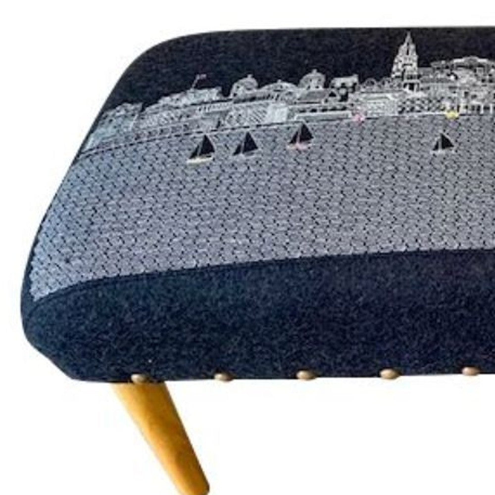 38" Gray Wool and Brown Ottoman
