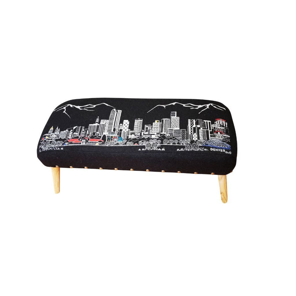 38" Gray Wool and Brown Ottoman
