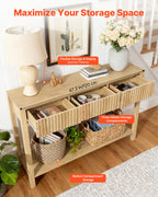 47 In Console Table, Farmhouse Desk Behind The Couch With Drawers And Bottom Storage Shelf, Wooden Rectangle Entrance Narrow Sofa Table For Hallway, Bedroom, Living Room, Foyer, Burlywood