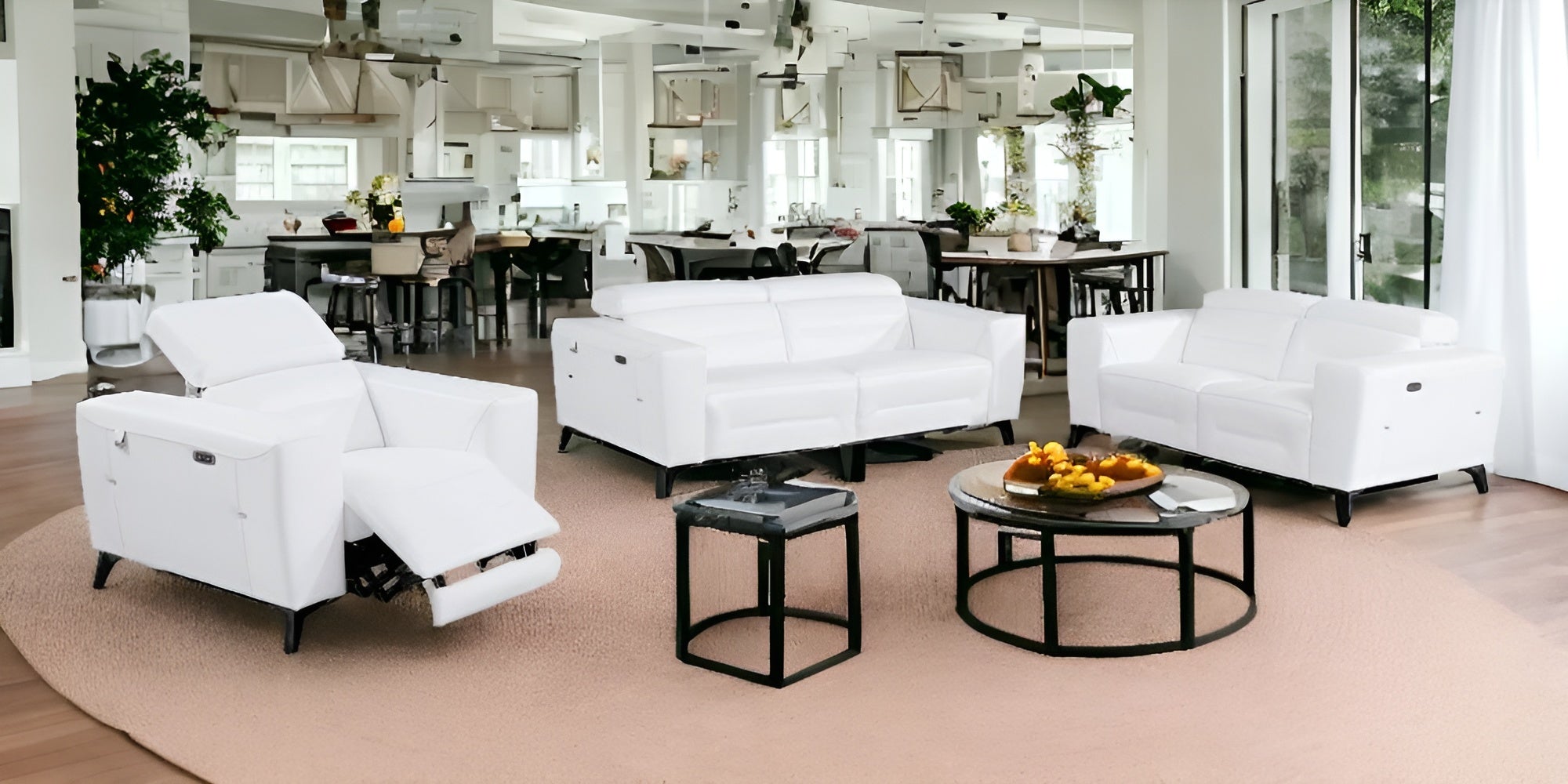 Three Piece White Italian Leather Six Person Seating Set