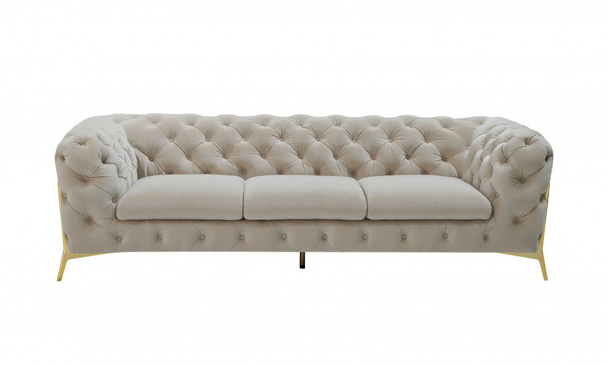 97" Beige Velvet Sofa With Gold Legs