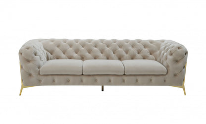 97" Beige Velvet Sofa With Gold Legs