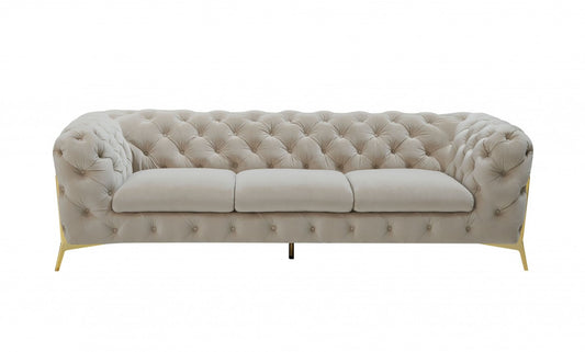 97" Beige Velvet Sofa With Gold Legs