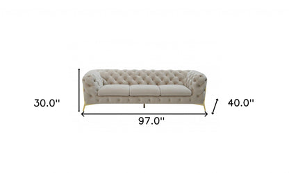 97" Beige Velvet Sofa With Gold Legs