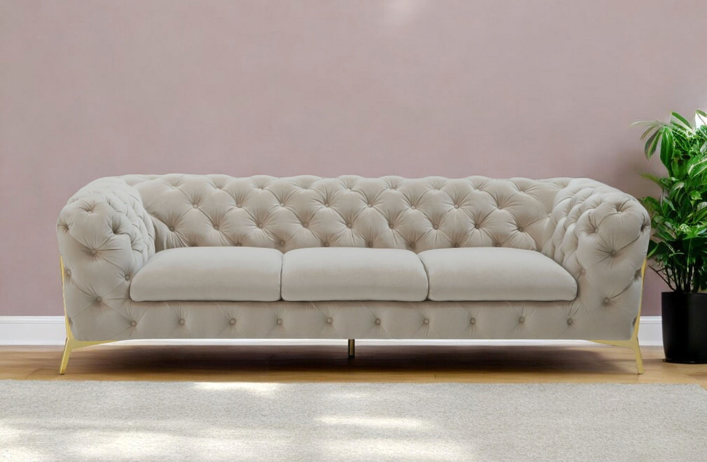 97" Beige Velvet Sofa With Gold Legs