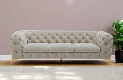 97" Beige Velvet Sofa With Gold Legs