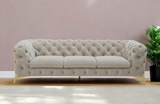 97" Beige Velvet Sofa With Gold Legs