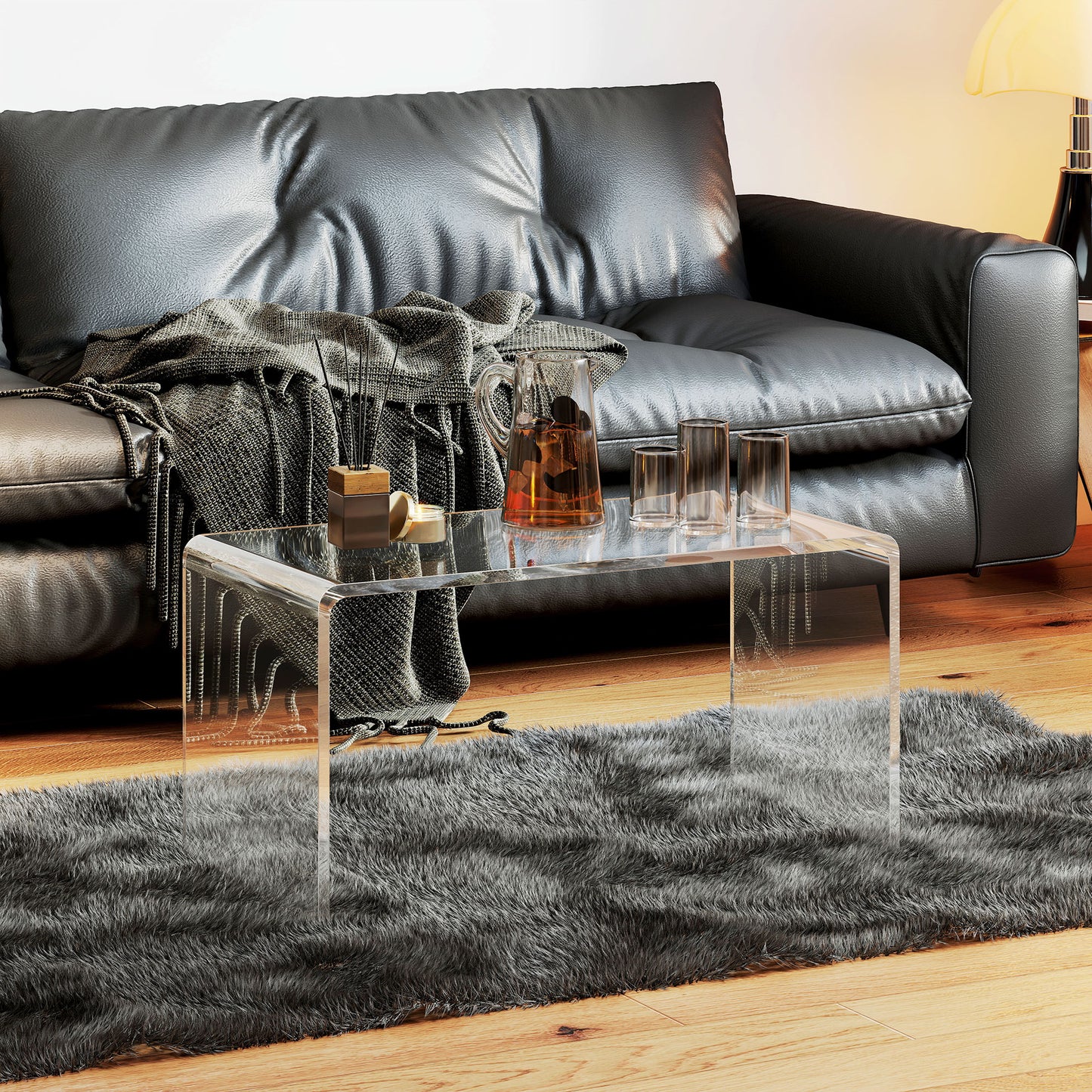 32  Clear Acrylic Coffee Table, 0.5In Thick C-Shape Waterfall End Coffee Table, Multipurpose Lucite Tea Table For Living Room