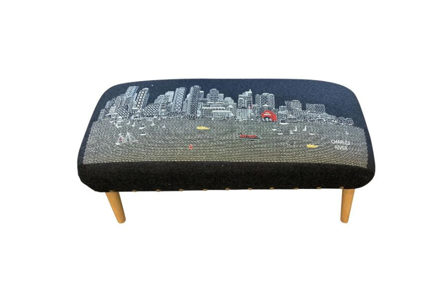 38" Gray Wool and Brown Ottoman