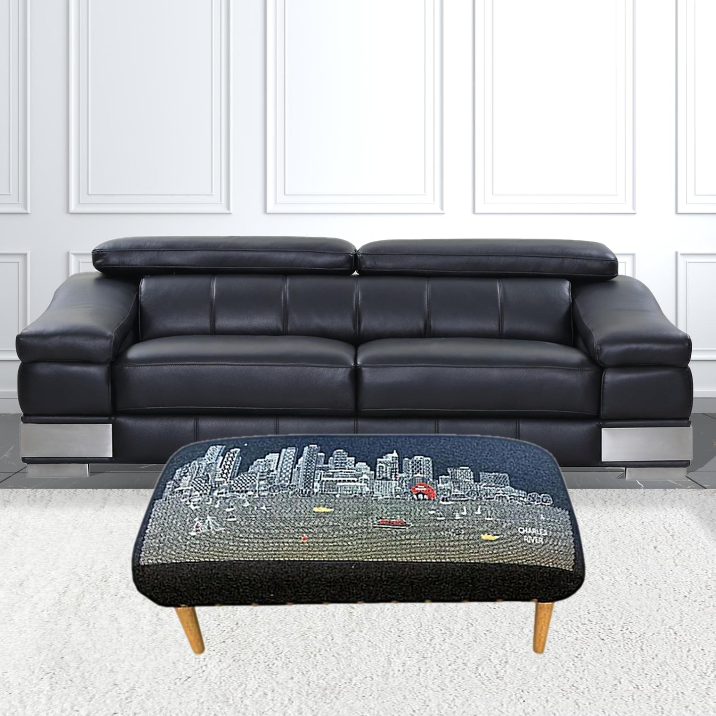 38" Gray Wool and Brown Ottoman