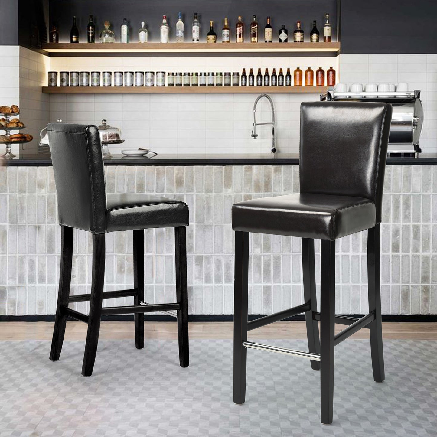 Set of Two 28" Brown and Black Faux Leather and Steel Bar Height Bar Chairs