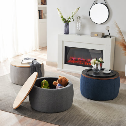 26" Blue and Brown Fabric And Wood Reversible Tray Top Round Storage Ottoman