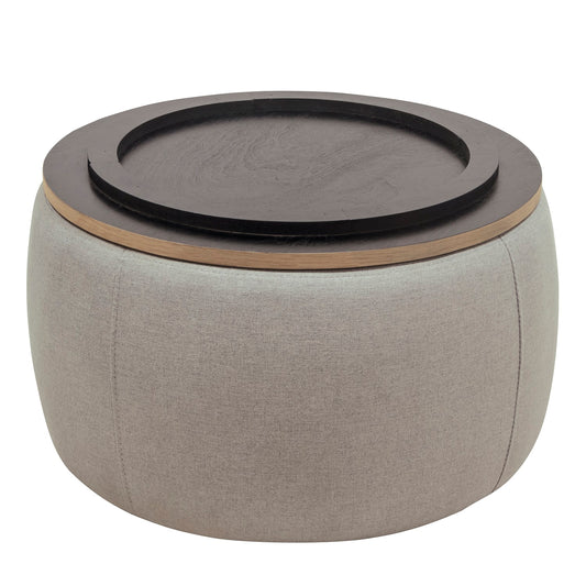 26" Gray and Natural Fabric And Wood Reversible Tray Top Round Storage Ottoman
