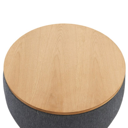 26" Dark Gray and Natural Fabric And Wood Reversible Tray Top Round Storage Ottoman