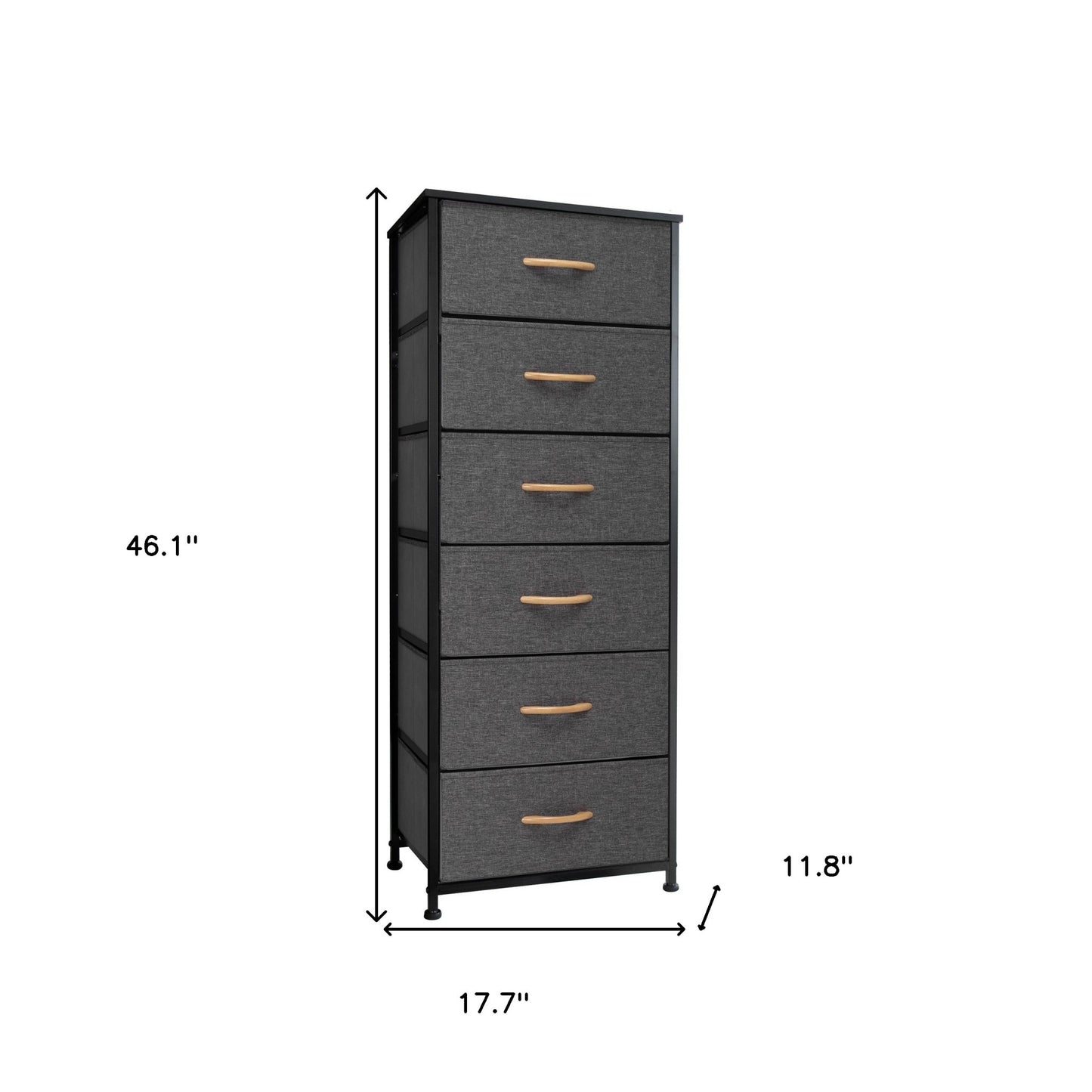 18" Gray And Black Steel And Fabric Six Drawer Dresser