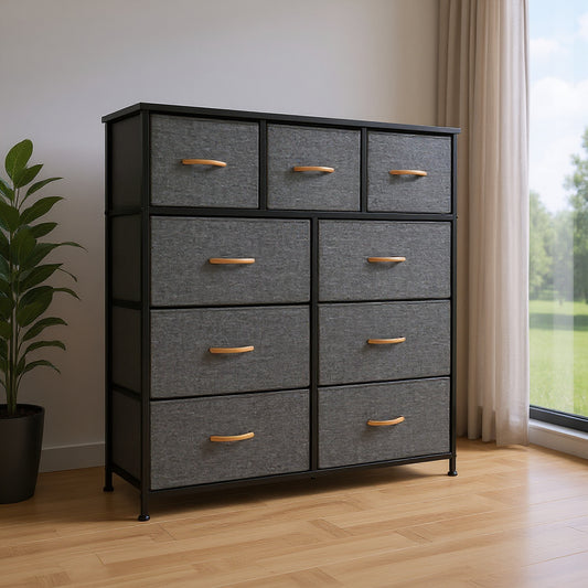 39" Gray and White Steel and Fabric Nine Drawer Triple Dresser