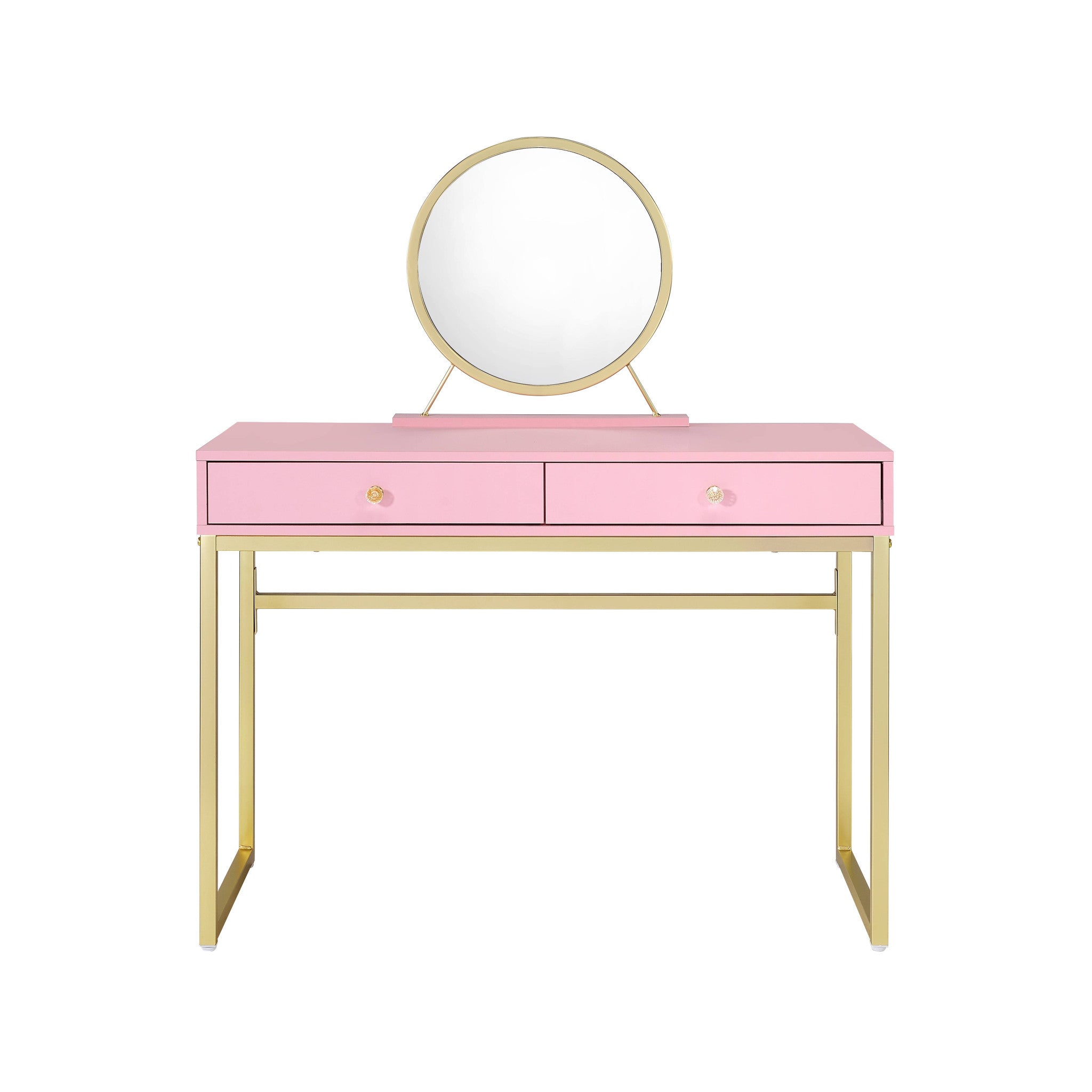 42" Gold And Pink Wood Vanity Table With Mirror And Two Drawers
