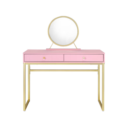 42" Gold And Pink Wood Vanity Table With Mirror And Two Drawers