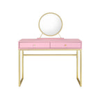 42" Gold And Pink Wood Vanity Table With Mirror And Two Drawers