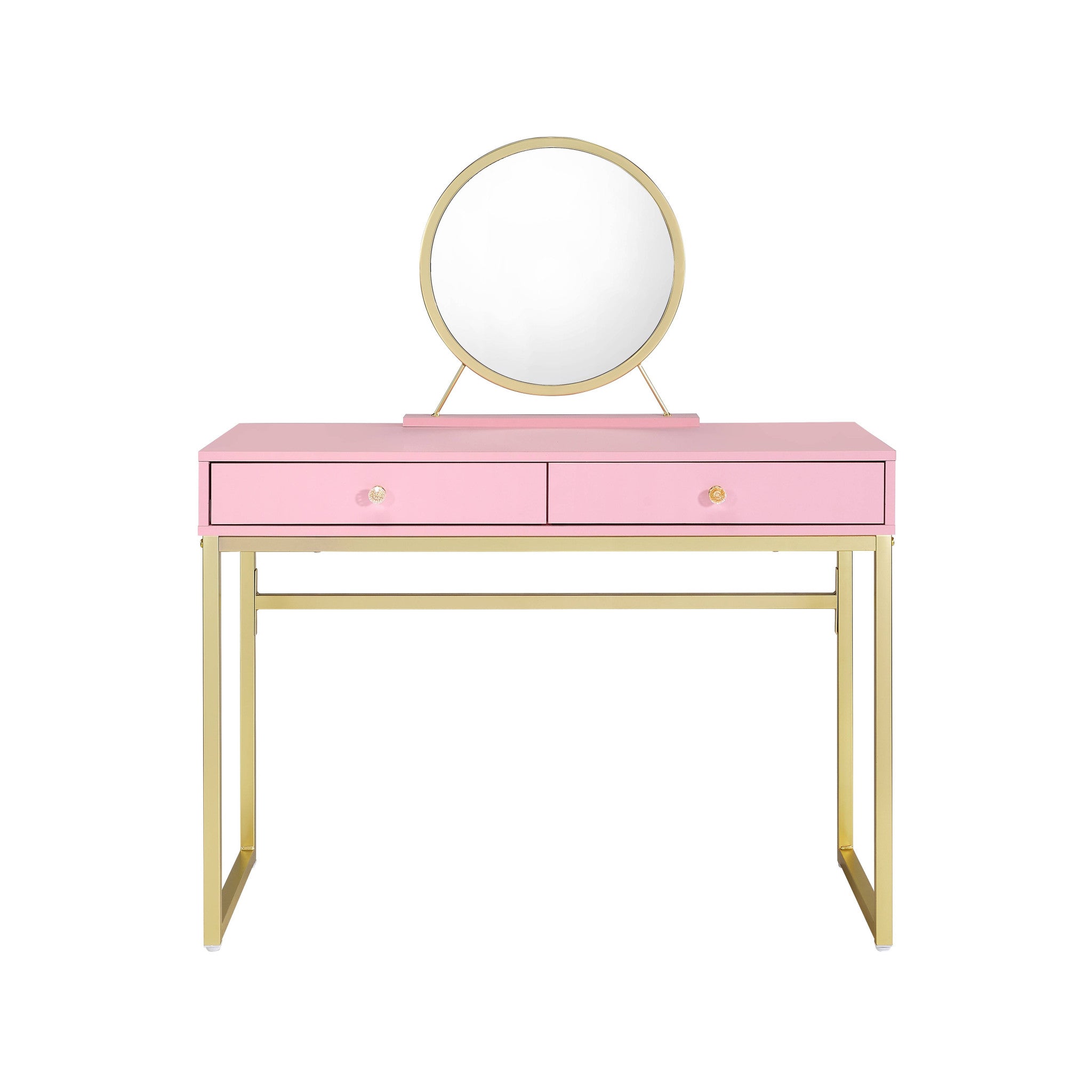 42" Gold And Pink Wood Vanity Table With Mirror And Two Drawers
