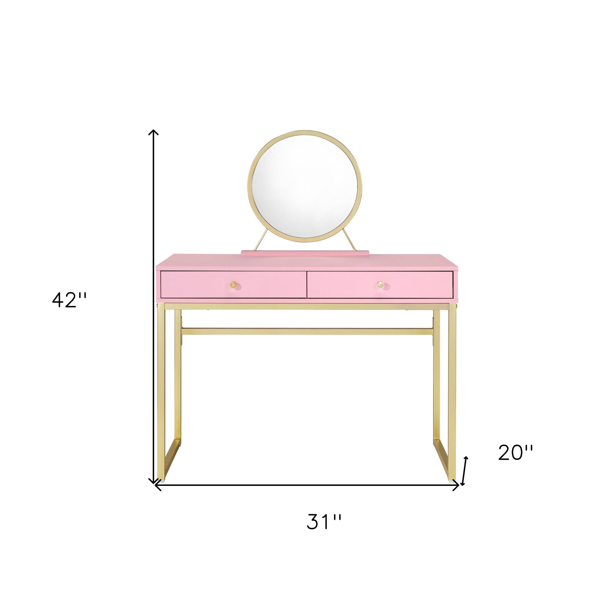 42" Gold And Pink Wood Vanity Table With Mirror And Two Drawers