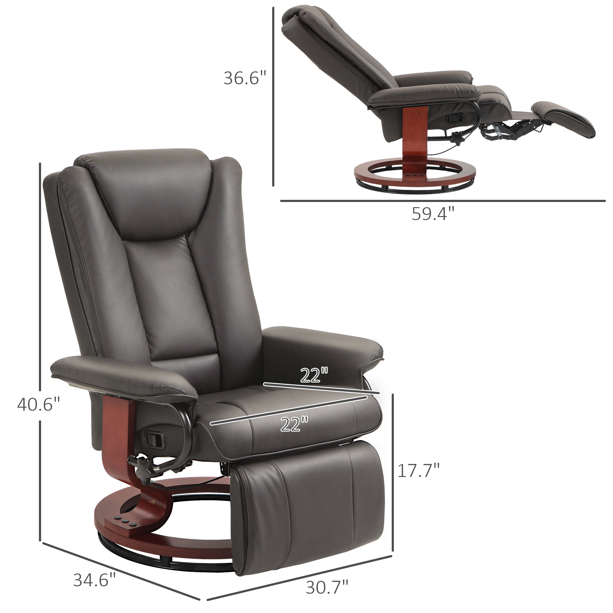 Modern RV Recliner Chair, PU Leather Swivel Recliner Armchair with Footrest for Living Room, Brown