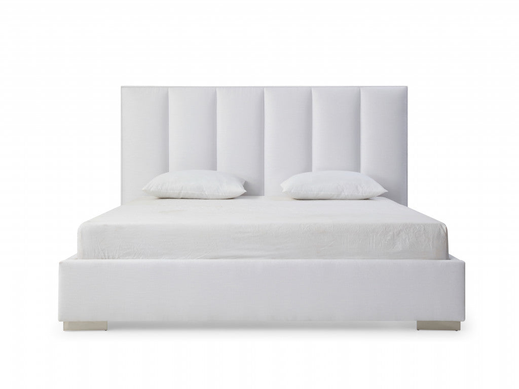 White Ribbed Texture Velvet Upholstered Queen Bed Frame