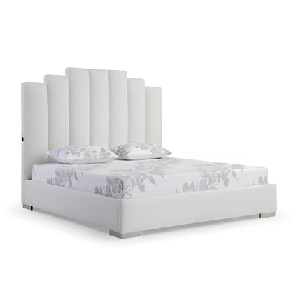 White Wood And Faux Leather Queen Bed Frame with USB