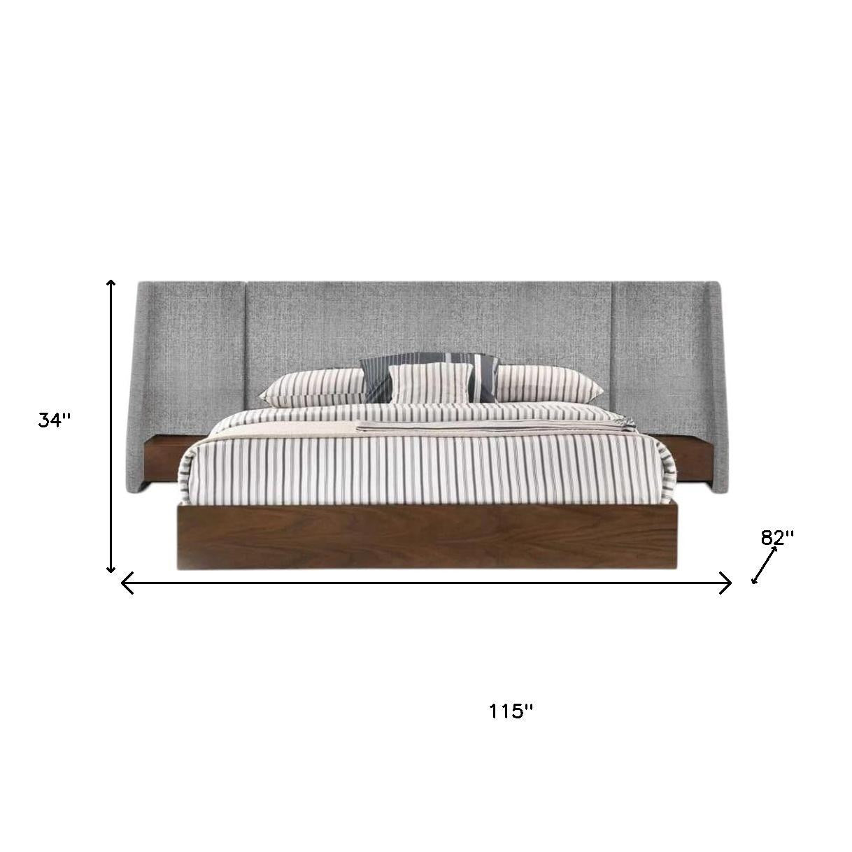 Brown and Gray Wood And Upholstery King Bed Frame With Attached Nightstands