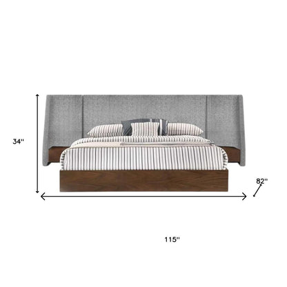Brown and Gray Wood And Upholstery King Bed Frame With Attached Nightstands