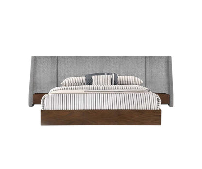 Brown and Gray Wood And Upholstery King Bed Frame With Attached Nightstands