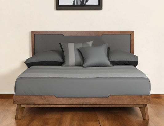 Gray and Brown Wood And Linen Queen Bed Frame