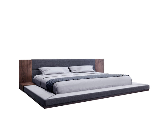 Gray and Walnut Wood And Upholstery Queen Bed Frame With Attached Nightstands