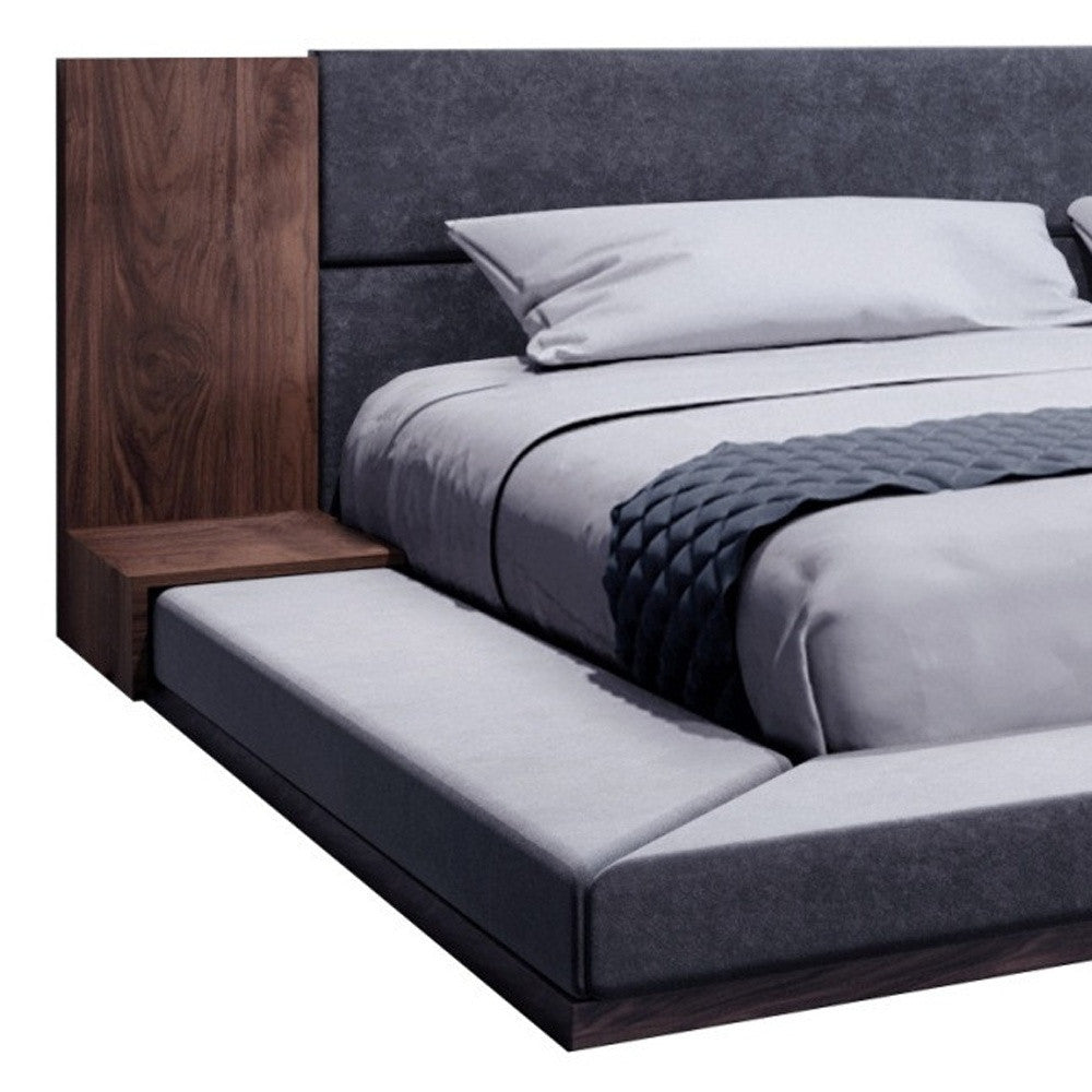 Gray and Walnut Wood And Upholstery Queen Bed Frame With Attached Nightstands