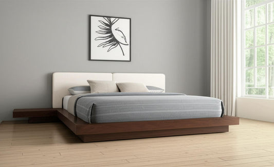 Walnut and White Wood And Faux Leather Queen Bed Frame With Attached Nightstands
