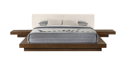 Walnut and White Wood And Faux Leather Queen Bed Frame With Attached Nightstands