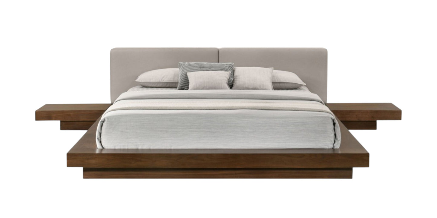 Gray and Walnut Wood And Faux Leather Queen Bed Frame With Attached Nightstands