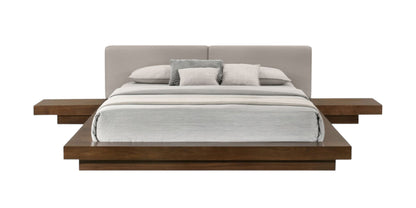 Gray and Walnut Wood And Faux Leather Queen Bed Frame With Attached Nightstands