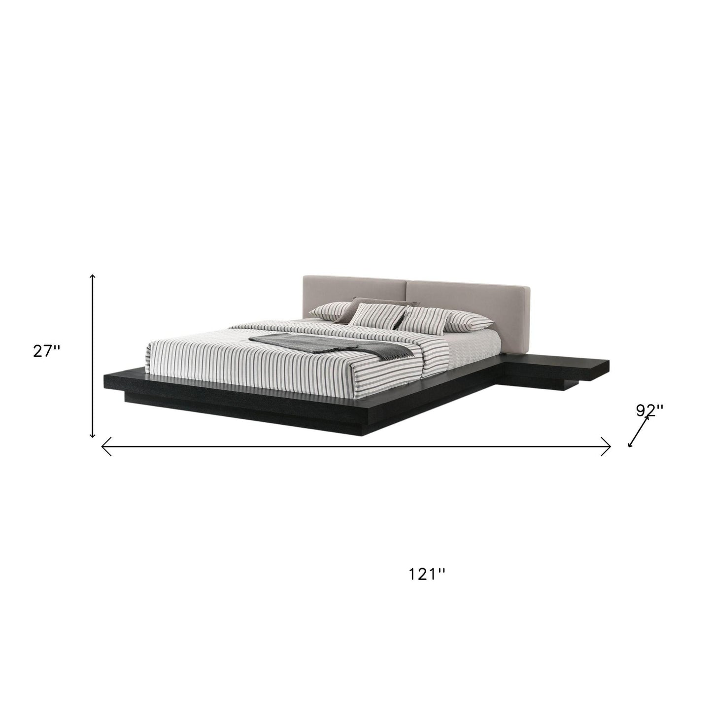 Black and Gray Wood And Faux Leather Queen Bed Frame With Attached Nightstands