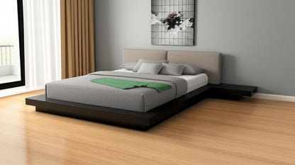 Black and Gray Wood And Faux Leather Queen Bed Frame With Attached Nightstands