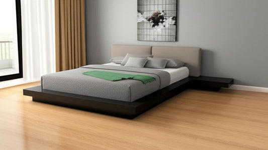 Black and Gray Wood And Faux Leather Queen Bed Frame With Attached Nightstands