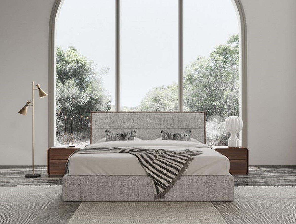 Brown and Gray Wood Upholstered Queen Bed Frame
