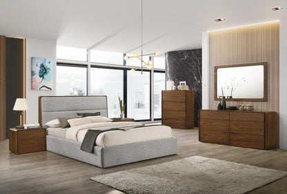 Brown and Gray Wood Upholstered Queen Bed Frame