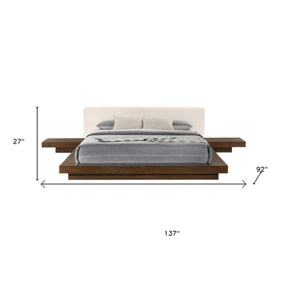 Walnut and White Wood And Faux Leather King Bed Frame With Attached Nightstands
