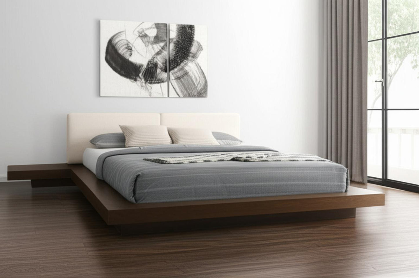 Walnut and White Wood And Faux Leather King Bed Frame With Attached Nightstands
