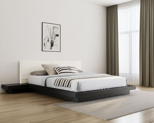 Black and White Wood And Faux Leather King Bed Frame With Attached Nightstands