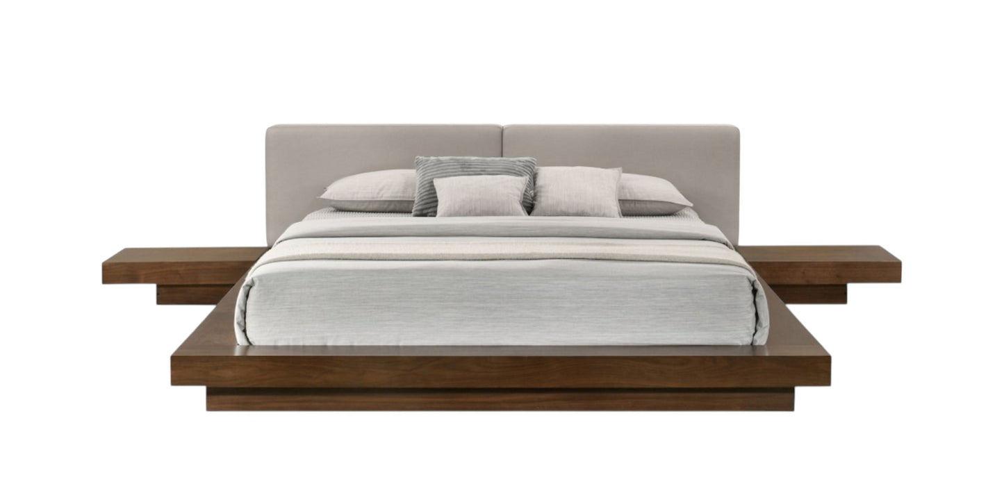 Gray and Walnut Wood And Faux Leather King Bed Frame With Attached Nightstands