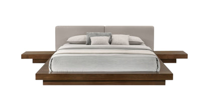 Gray and Walnut Wood And Faux Leather King Bed Frame With Attached Nightstands