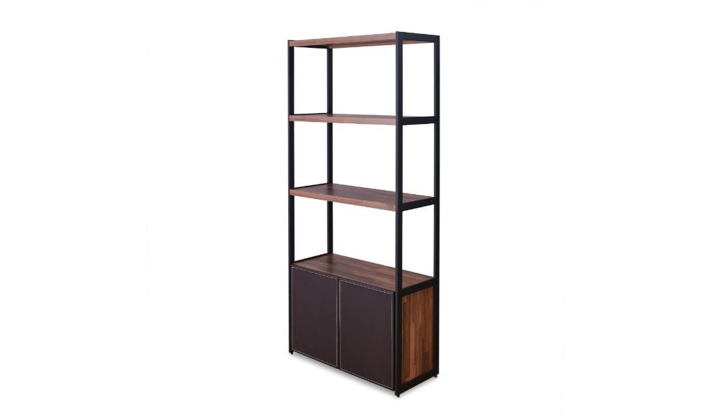 Brown And Black Metal Three Tier Bookcase with Two Doors